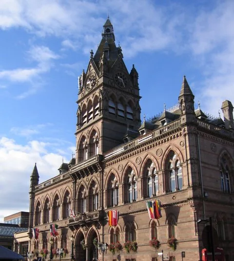 Chester Town Hall’s clock tower and stone frontage, outside the Christmas market season