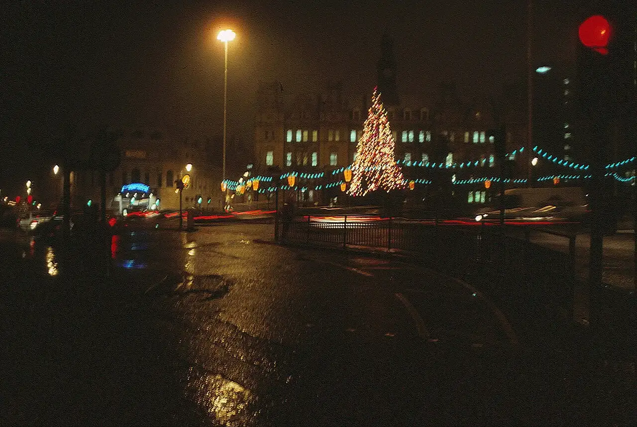 Leeds City Square Christmas tree seen from the station at night inDecember 1997