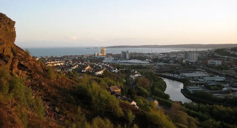 Swansea city centre and bay seen from Kilvey Hill; setting photograph, not the 2026 market