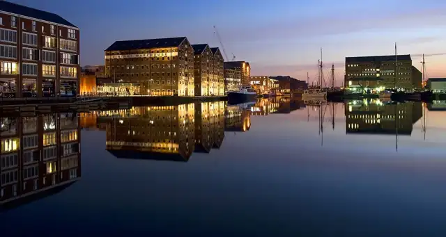 Gloucester Docks at night; year-round setting, not a 2026 market photograph
