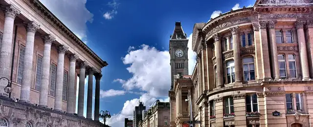 Birmingham Town Hall and Council House façades beside Victoria Square