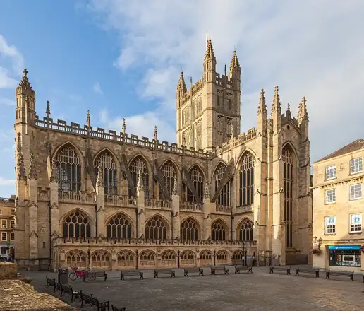 Bath Abbey and the open square beside it in daylight