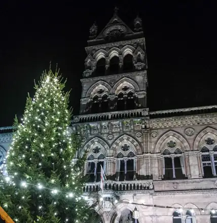 Christmas market chalets outside Chester Town Hall in 2017