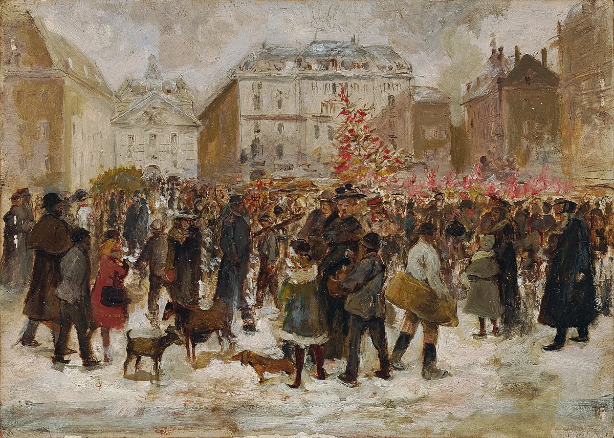 Ernst Juch’s historical painting of the Christmas market at Am Hof in Vienna